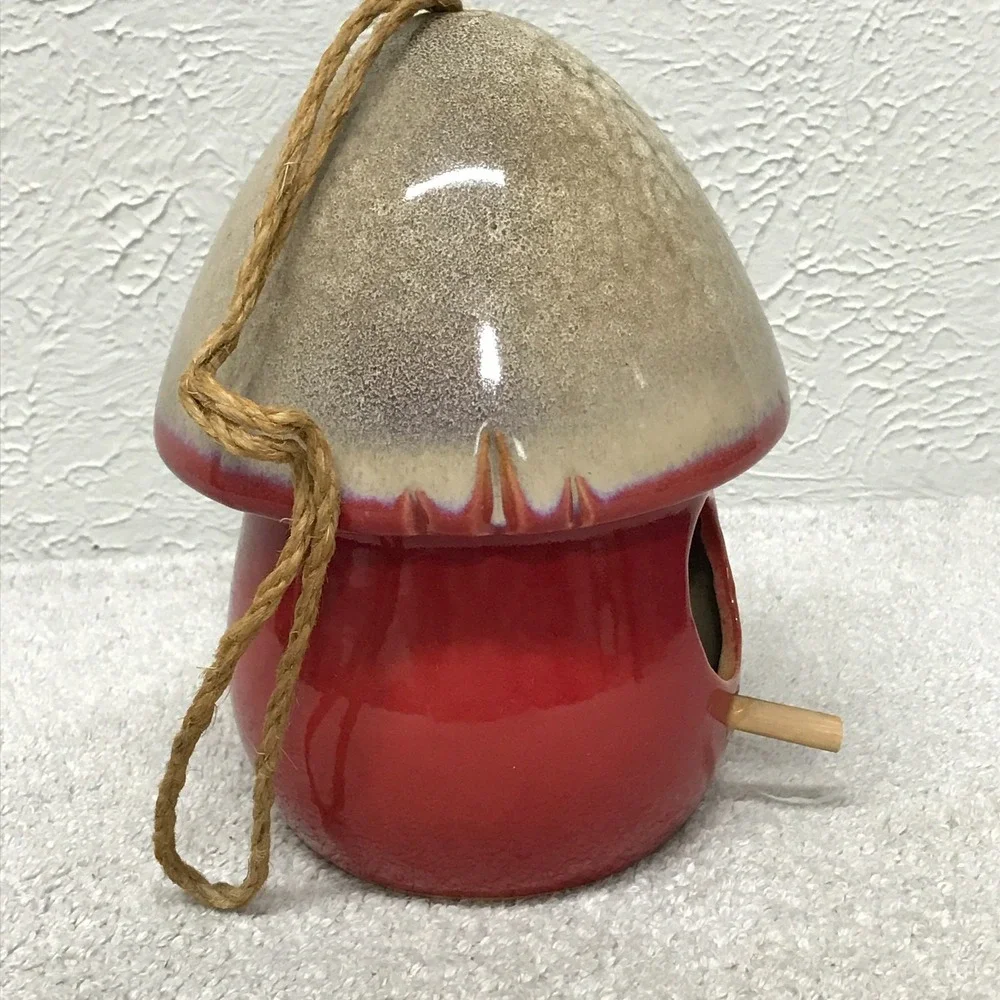 Ceramic Mushroom Birdhouse Hanging Garden Decor Red Toadstool Village Novelty 8